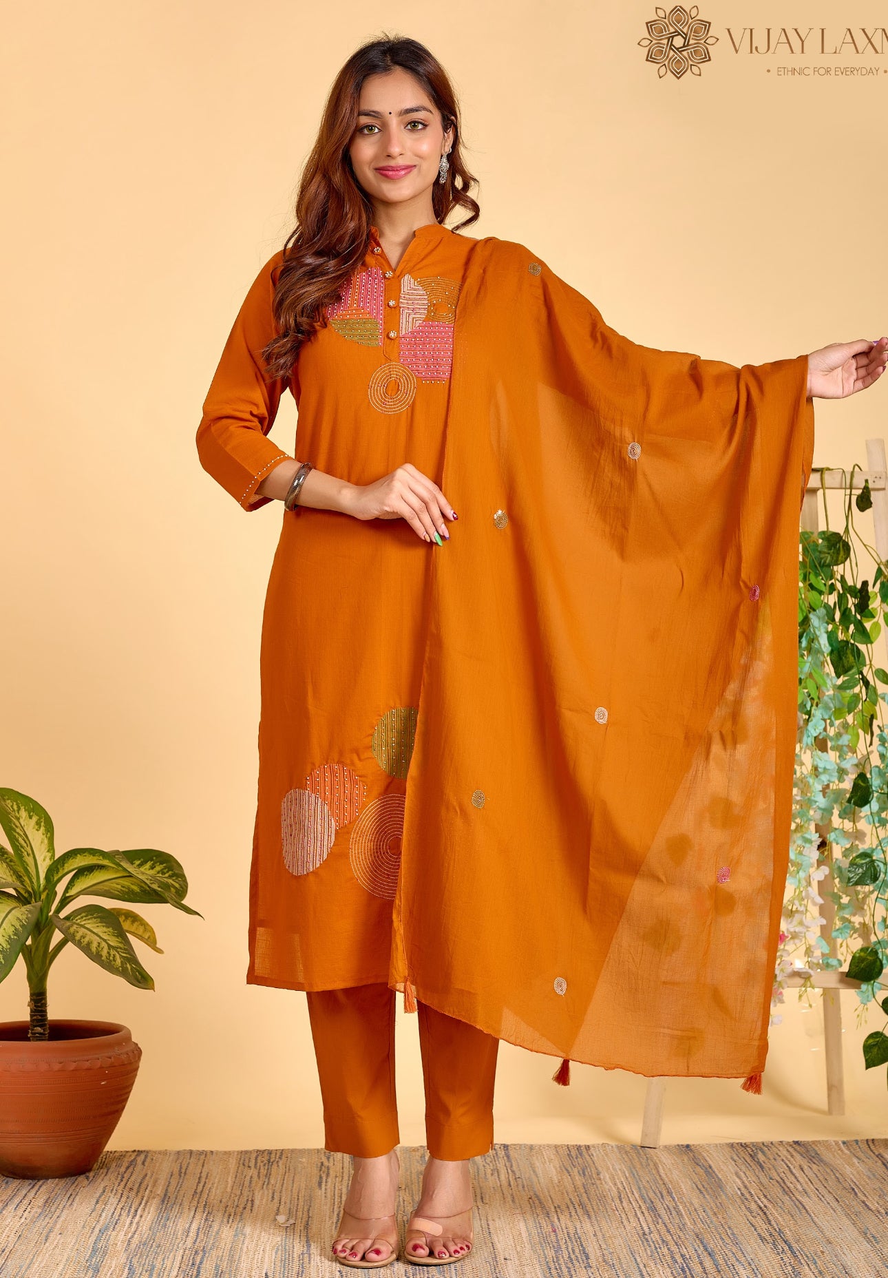 Orange Cotton Kurta Set for Women