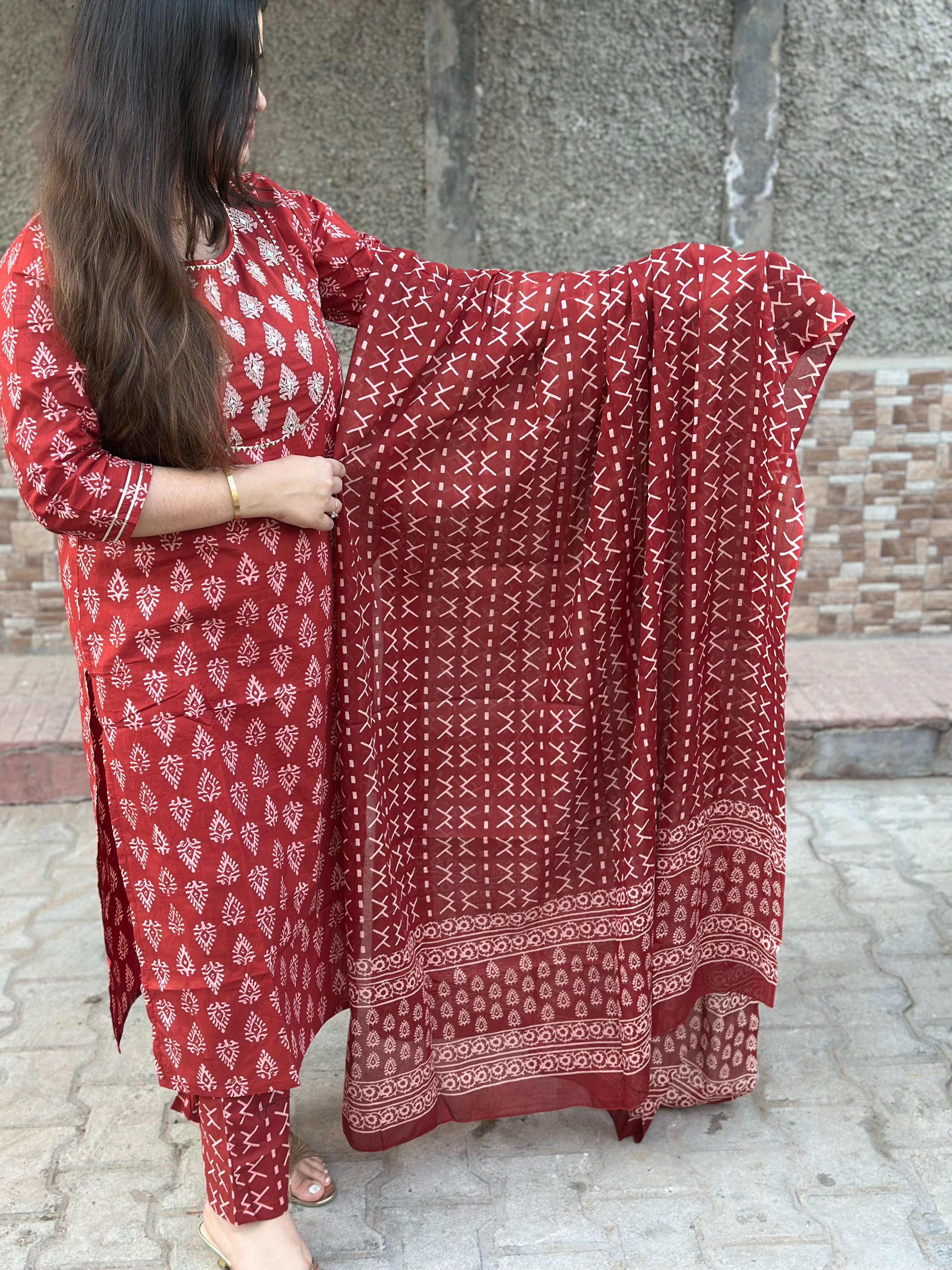 Red Bagru Cotton Suit