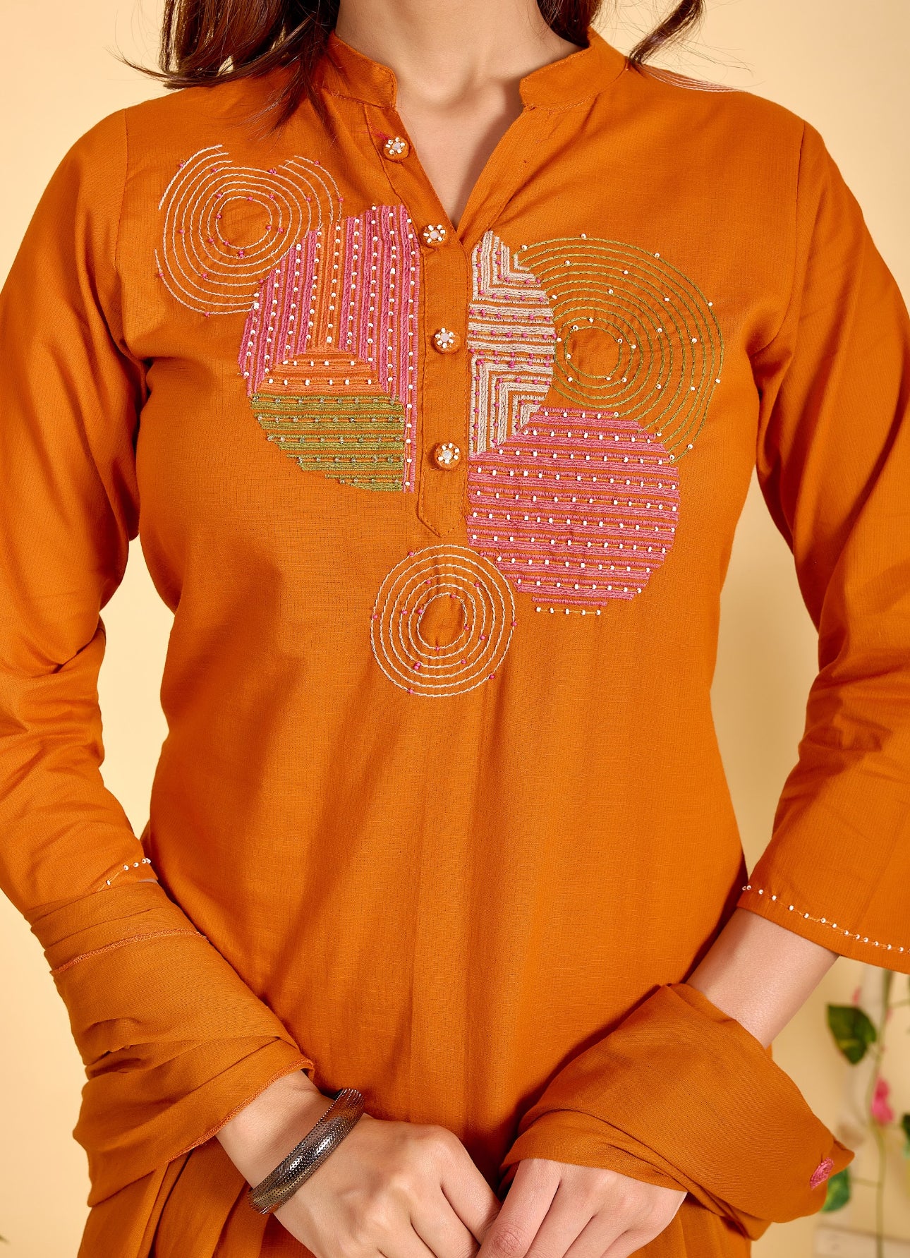 Orange Cotton Kurta Set for Women