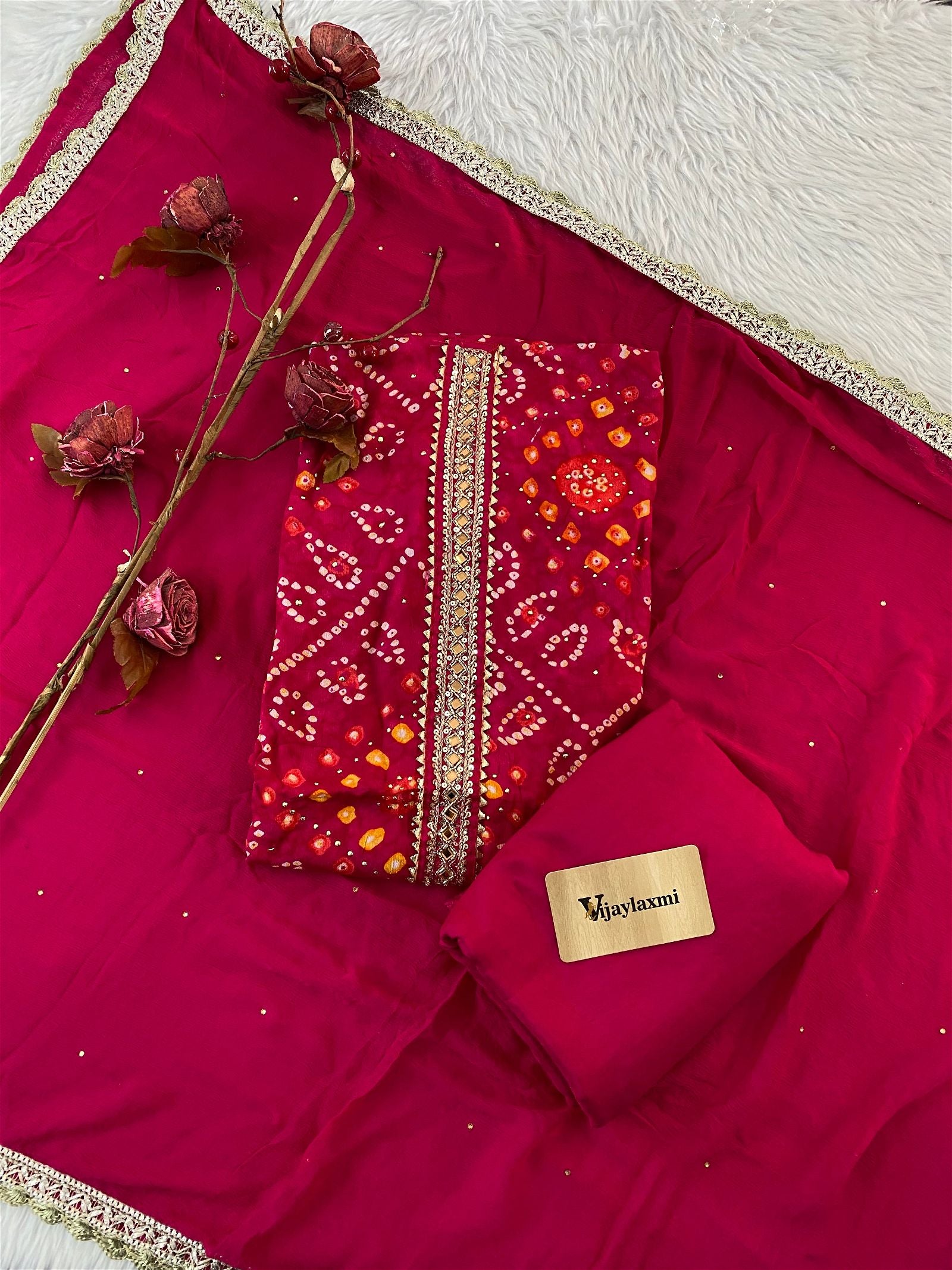 Crepe Bandhej Unstitched Suit Pink - Vijay Laxmi